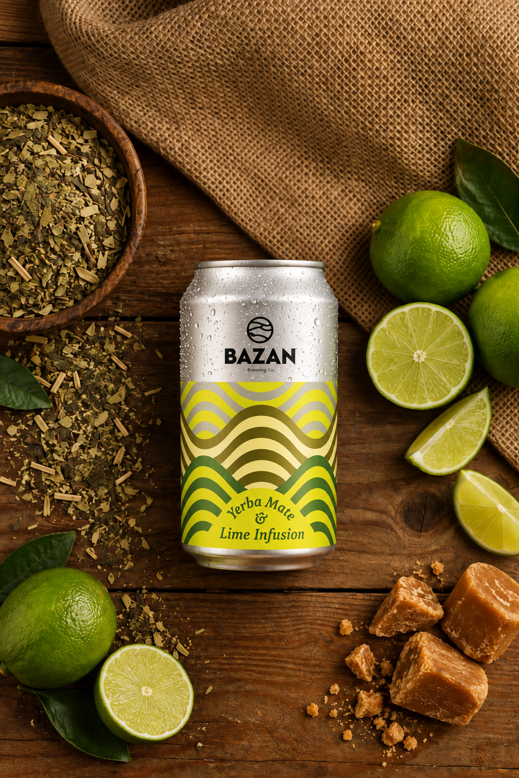 Can of Bazan Yerba Mate Lime Infusion on a wooden table, surrounded by loose yerba mate, limes and palm sugar